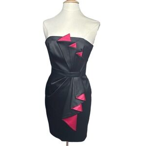 White House Black Market Black Satin Stapless Mini Dress With Pink Ruffle Front